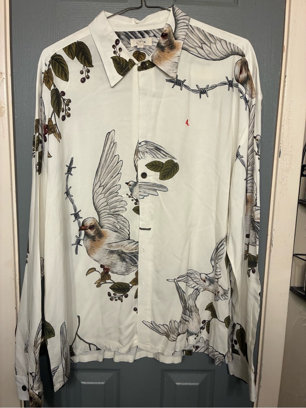 Men's White Bird-Print Button-Down Shirt